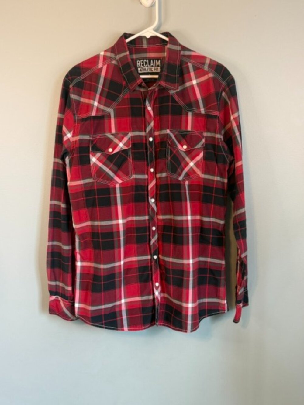 Reclaim Black Red Plaid Button Down Shirt Large L Western Snap Athletic - Picture 2 of 10